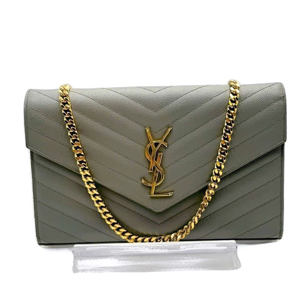 Auth Saint Laurent Gray Caviar Quilted Cassandre Wallet On Chain (WOC) Clutch